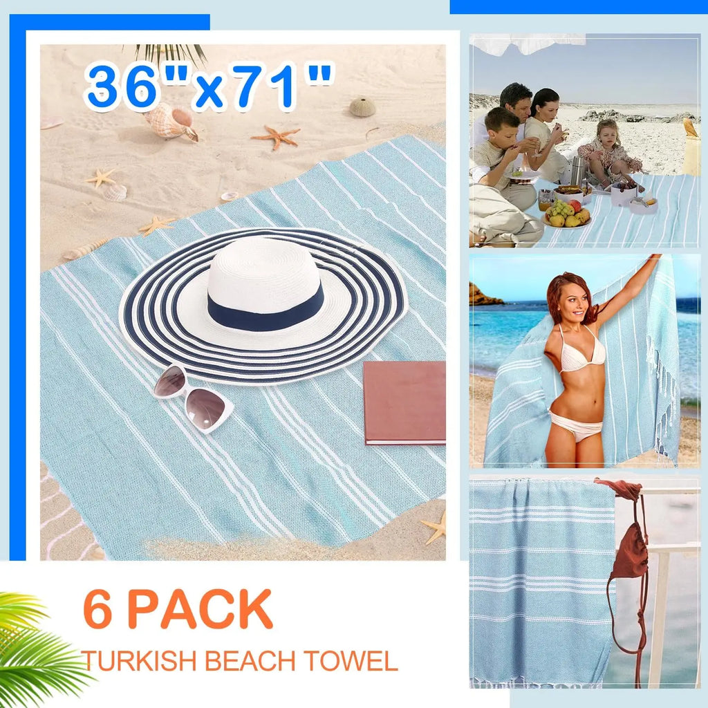Turkish Beach Towel 6 Pack Beach Towels 36"x71" Beach Towel Oversized Sand Free Turkish Towel Quick Dry Bath Towels Blue