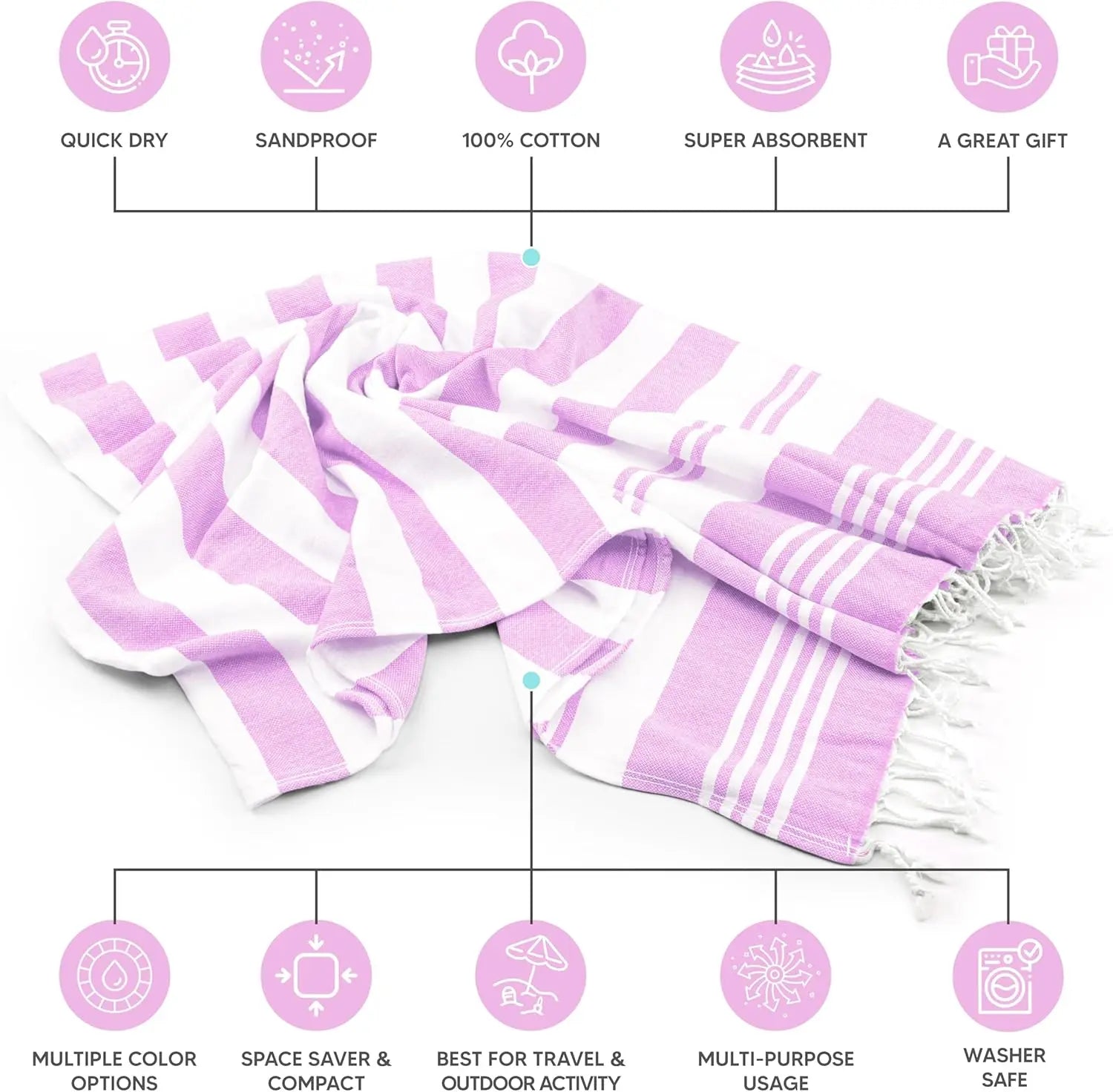 4 Pack Turkish Beach Towel, 40x72 Inches, 100% Cotton, Oversized Sand-Free Quick Dry, Prewashed Soft Feel for Travel, Pink